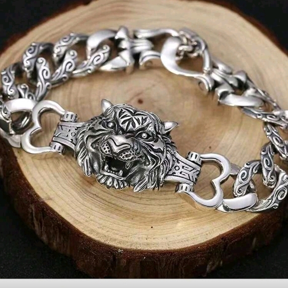 Men's Stainless Steel Silver Tiger Head Bracelet 8" - Picture 8 of 11